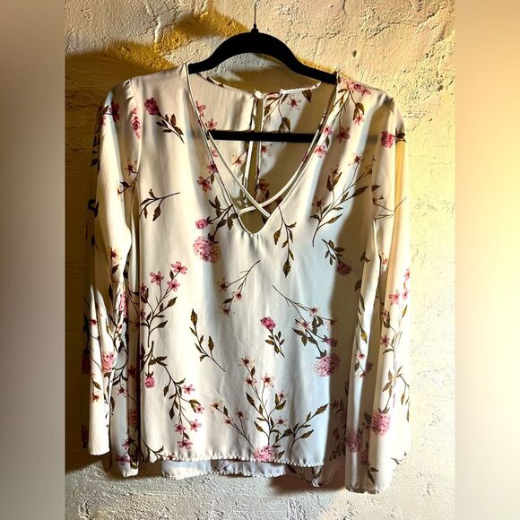 Floral V-Neck Blouse - White and Pink - Picture 1 of 5